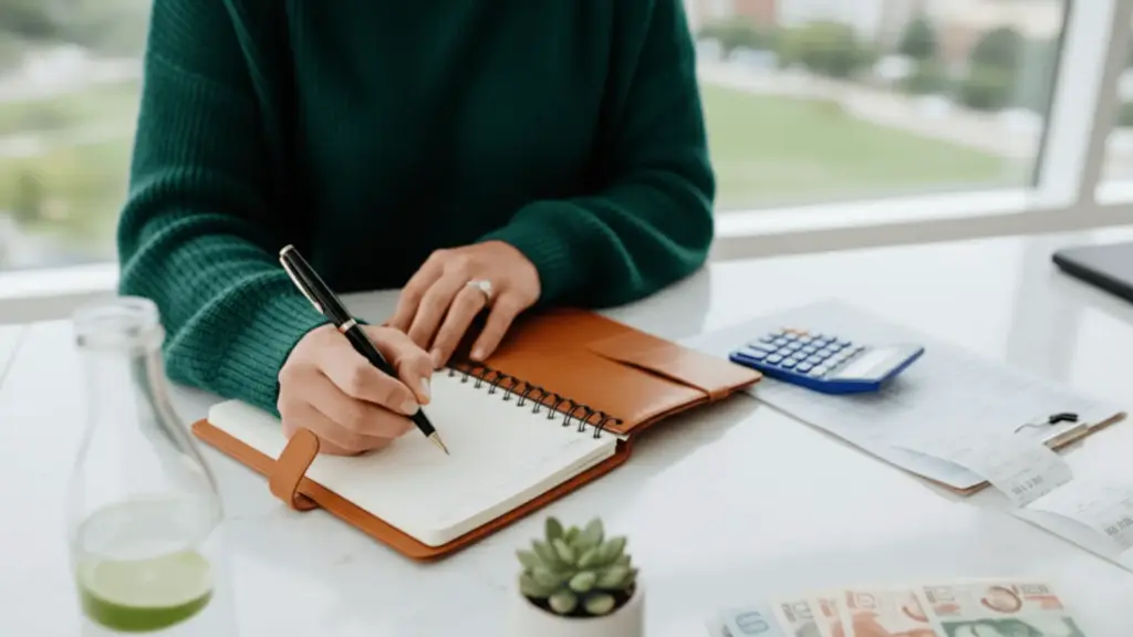 Organized workspace with financial notes, calculator, and pen